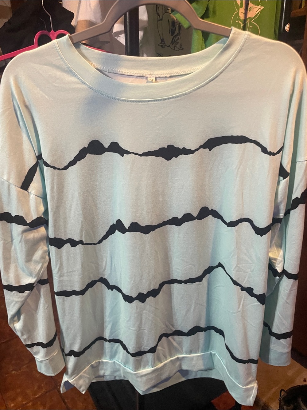 Light Blue Long Sleeve Tee with Navy Wave Stripes